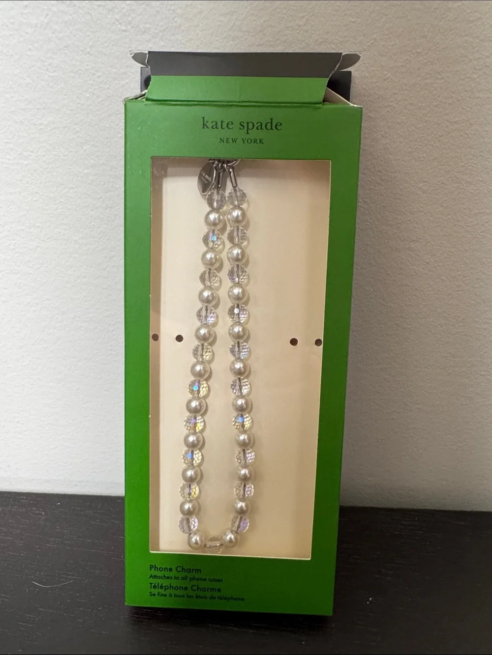 kate spade Pearl and Crystal Phone Charm in Green Packaging